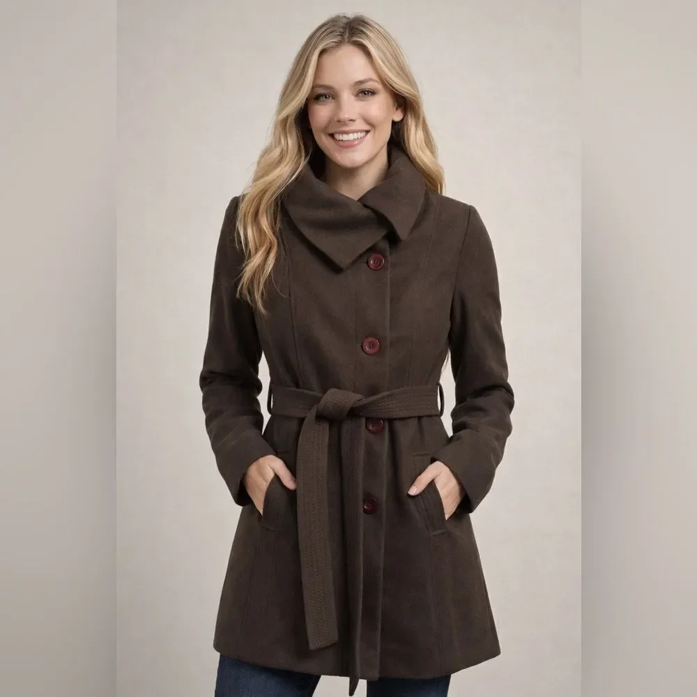 Nine West Olive Green Belted Wool Blend Coat NWOT